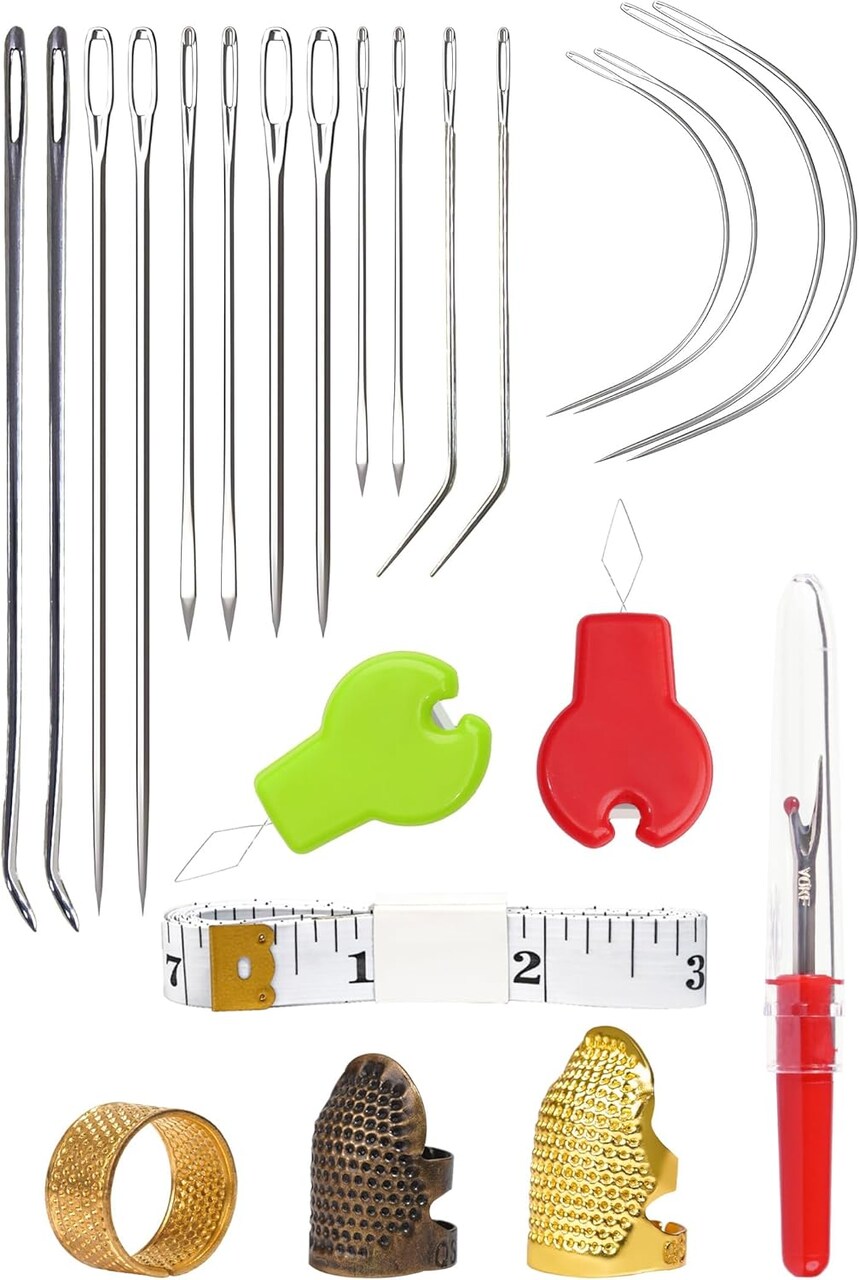 16 Pcs Upholstery Needle, Heavy Duty Hand Sewing Needles Kit, 8 Styles of Leather Canvas Sewing Needles with Needle Threaders, Seam Rippers, Thimble, Soft Ruler (Leather Needles)